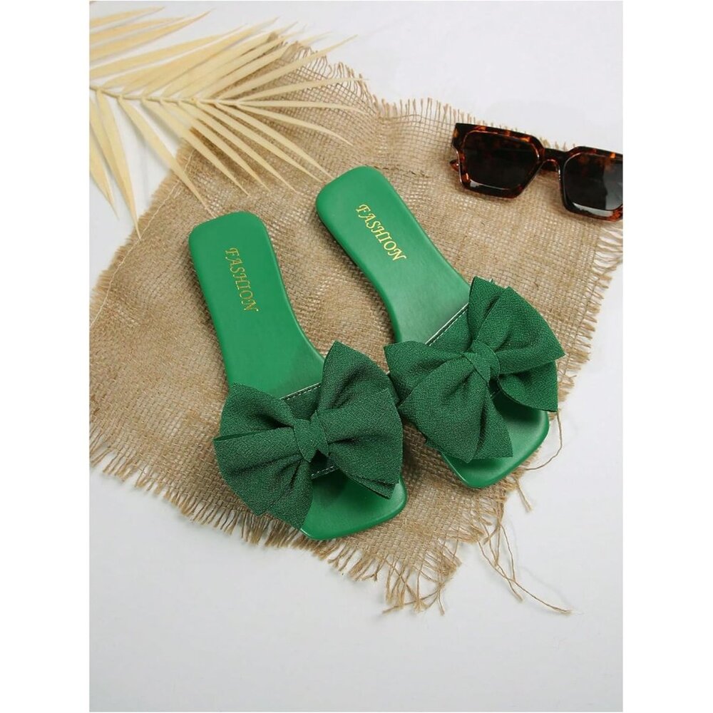 Women's Bow Green Square Toe Flat Summer Sandals Slides Slip On Shoes - Picture 4 of 6